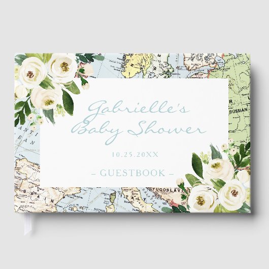 旅行テーマベビーシャワーヴィンテージマップカスタム ゲストブック (正面)