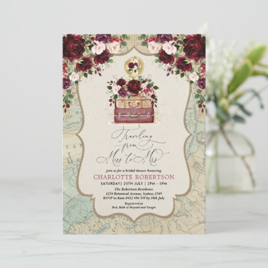 旅行テーマヴィンテージマップアドベンチャーブライダルシャワー 招待状 (スタンド正面)