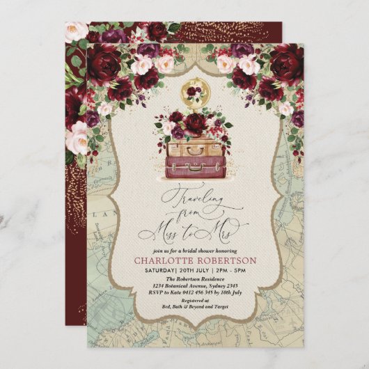 旅行テーマヴィンテージマップアドベンチャーブライダルシャワー 招待状 (正面/裏面)