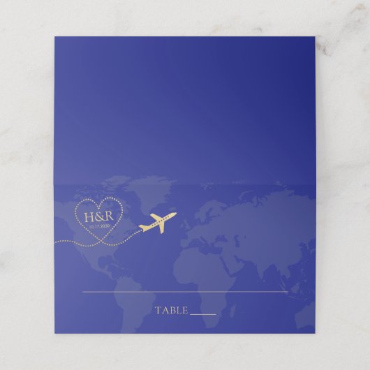 旅行テーマ結婚のロゴブルーマップ プレイスカード (外部開封)