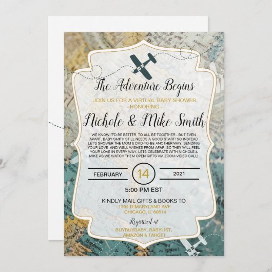 旅行テーマ赤ちゃんシャワー招待カードバーチャル 招待状 (正面/裏面)