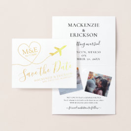 旅行テーマ飛行機モノグラムのロゴ日付を保存 箔カード