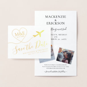 旅行テーマ飛行機モノグラムのロゴ日付を保存 箔カード