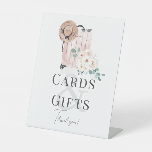 旅行ピンクのスーツケースブライダルシャワーカード&ギフト 台座サイン (正面)