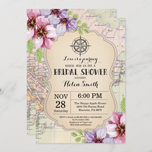 旅行ブライダルシャワーの招待状の花柄 招待状 (正面/裏面)
