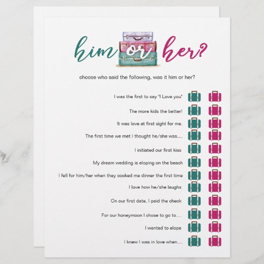 旅行ブライダルシャワーゲーム//ピンクティール（緑がかった色）彼または彼女 (正面/裏面)
