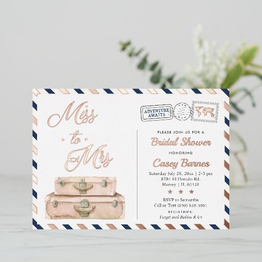 旅行ブライダルシャワー恋しく思、Mrs Navyバラ金ゴールド 箔招待状 (立ち正面)