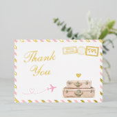 旅行ベビーガールシャワーサンキューカードピンク金ゴールド 箔招待状 (立ち正面)