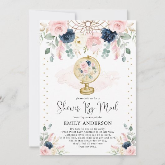 旅行ベビーシャワーbyメールピンク赤面ネイビーフローラ 招待状 (正面)