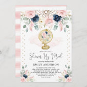 旅行ベビーシャワーbyメールピンク赤面ネイビーフローラ 招待状 (正面/裏面)