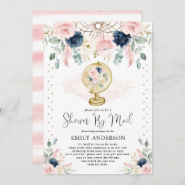 旅行ベビーシャワーbyメールピンク赤面ネイビーフローラ 招待状