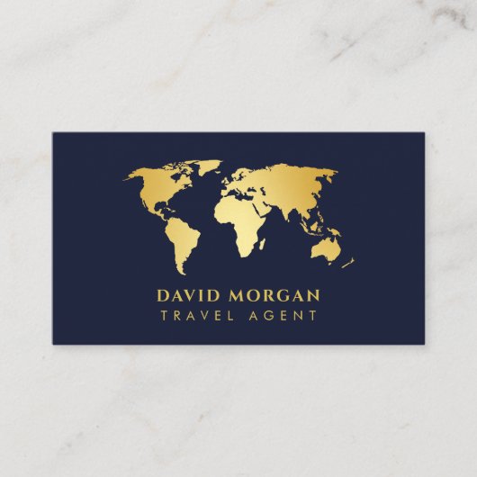 旅行モダンエージェント世界地図ネイビーと金ゴールド 名刺 (正面)