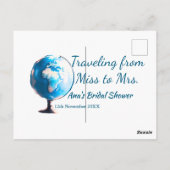 旅行中のブライズシャワーの名前と日付をミスからミセスに変更 ポストカード (裏面)