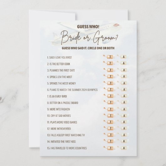 旅行中の結婚前お披露目パーティー ブライド&グルームゲーム 招待状 (正面)