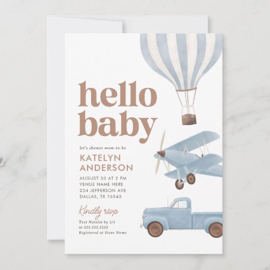 旅行交通赤ちゃんシャワー 招待状 (正面)