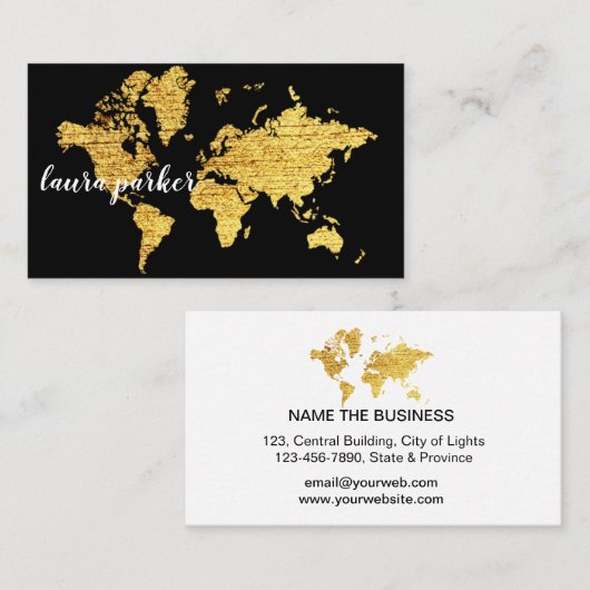 旅行代理店のフェイクな金ゴールドの世界地図の行先 名刺 (正面/裏面)