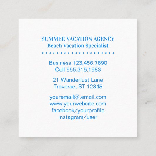 旅行代理店の夏の熱帯ビーチの海 スクエア名刺 (裏面)