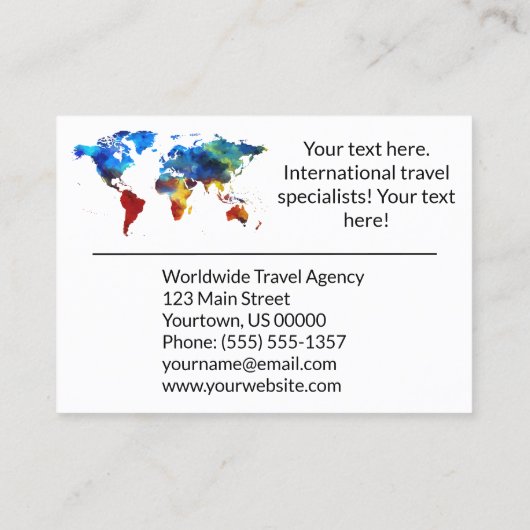 旅行代理店の水彩画のカラフルな地図の地球の世界 名刺 (裏面)