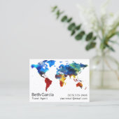 旅行代理店の水彩画のカラフルな地図の地球の世界 名刺 (スタンド正面)