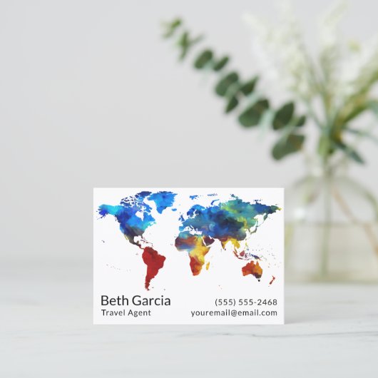旅行代理店の水彩画のカラフルな地図の地球の世界 名刺 (スタンド正面)