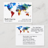 旅行代理店の水彩画のカラフルな地図の地球の世界 名刺 (正面/裏面)