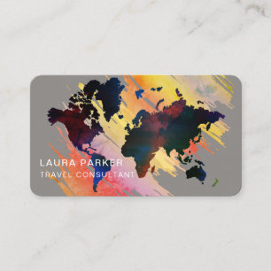 旅行代理店の水彩画の世界地図の観光事業の予約 名刺