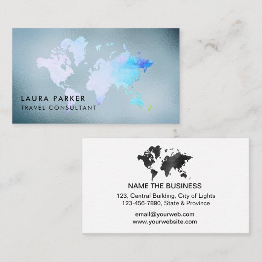 旅行代理店の水彩画の世界地図の観光事業の予約 名刺 (正面/裏面)