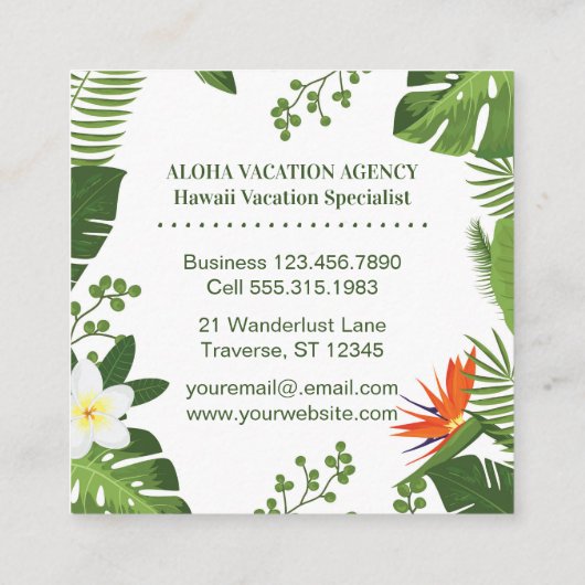 旅行代理店の熱帯やし葉状体のハワイアンの休暇 スクエア名刺 (裏面)