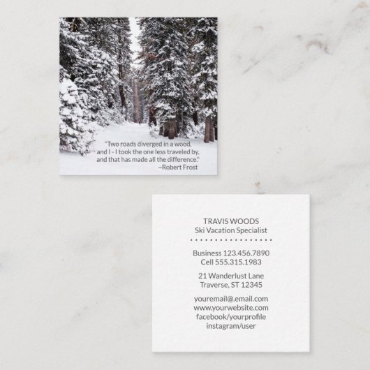 旅行代理店の素朴な冬の森林引用文 スクエア名刺 (正面/裏面)