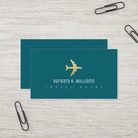 旅行代理店の飛行機の暗いティール(緑がかった色) 名刺 (正面/裏面インサイチュ)