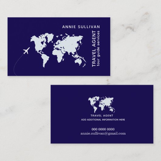 旅行代理店ダークブルーとワールドマップ 名刺 (正面/裏面)