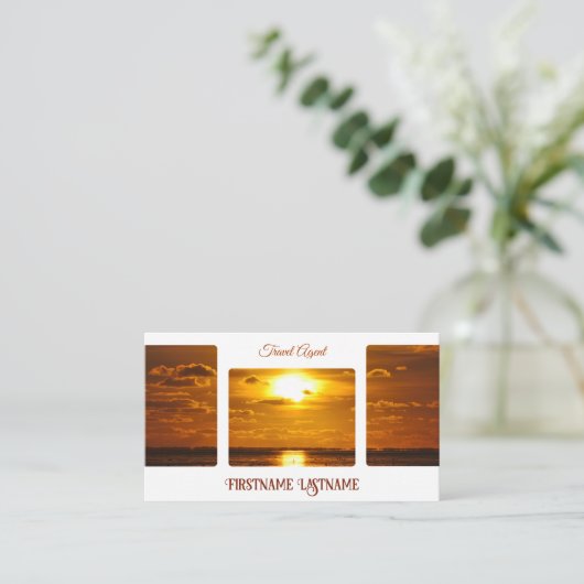 旅行代理店ドラマチックな空の海ビーチ夕日 名刺 (スタンド正面)