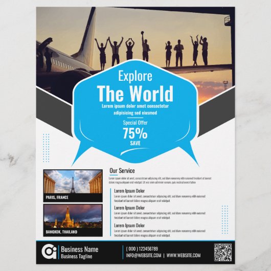 旅行代理店フライヤーブルーテンプレート チラシ (正面)