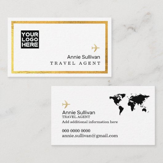 旅行代理店ロゴ飛行機ワールドマップホワイト 名刺 (正面/裏面)