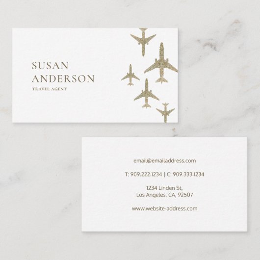 旅行代理店金ゴールドグリッター飛行機 名刺 (正面/裏面)
