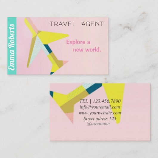 旅行代理店飛行機ピンクビジネスカード 名刺 (正面/裏面)