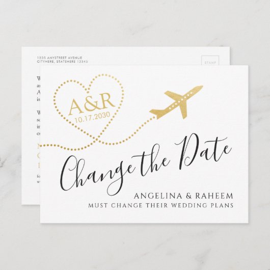 旅行先の結婚式の日付の変更 案内ポストカード (正面/裏面)