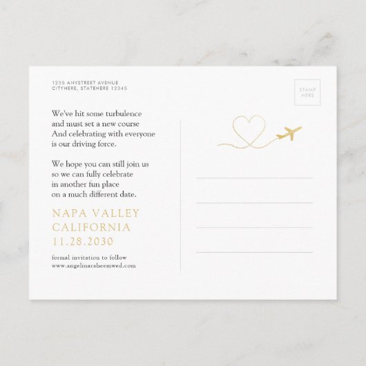 旅行先の結婚式の日付の変更 案内ポストカード (裏面)