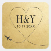 旅行先ウェディング飛行機ハートモノグラム スクエアシール (正面)