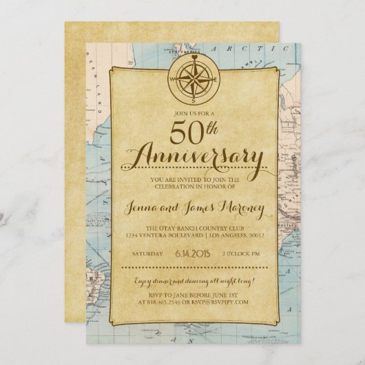 旅行地図第50記念日の招待状 招待状 (正面/裏面)
