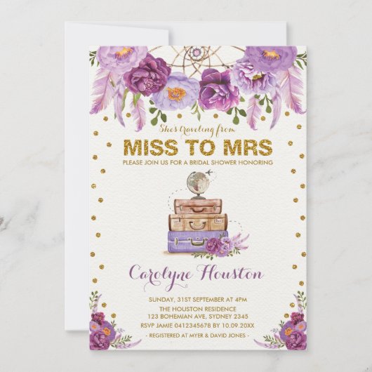 旅行恋しく思スーツケースパープルブライダルシャワーへ 招待状 (正面)