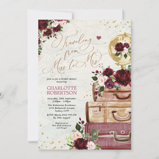 旅行恋しく思ブライダルシャワーミセス・ヴィンテージ・ブガンディ 招待状 (正面)