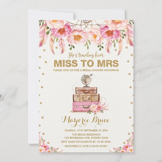 旅行恋しく思ブライダルシャワーMrs Boho赤面フローラ 招待状 (正面)