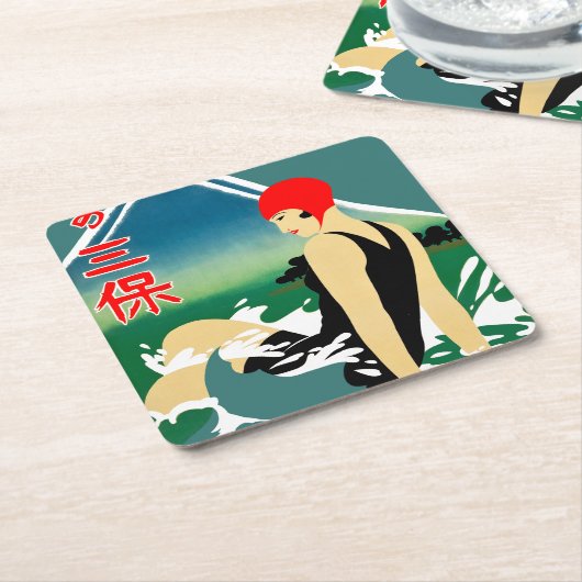 旅行日本の観光ポスター1930sアールデコ少女 スクエアペーパーコースター (アングル)