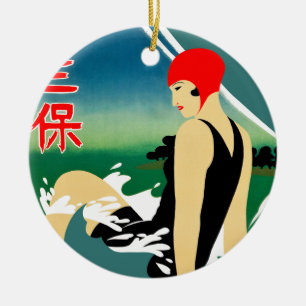 旅行日本の観光ポスター1930sアールデコ少女 セラミックオーナメント