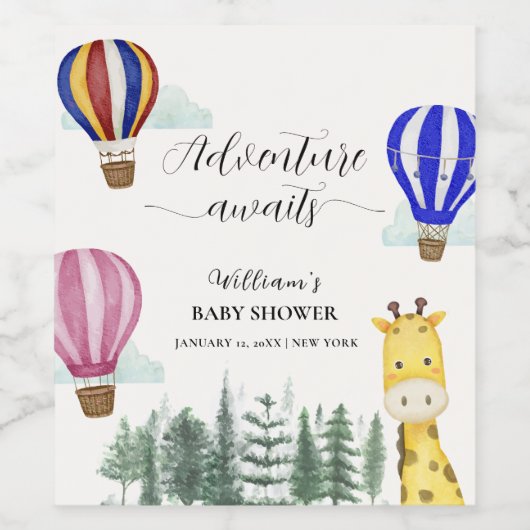 旅行熱気球ジャングルキリン赤ちゃんシャワー ワインラベル (シングルラベル)