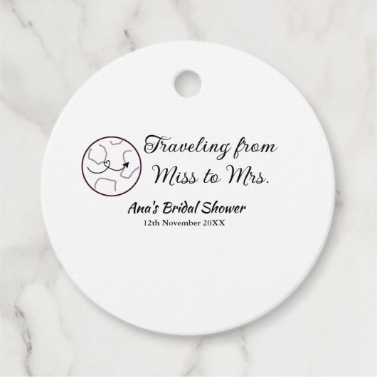 旅行用ブライズシャワーのネームカードの例：ミス（旧姓）シム → ミセス（姓）シム フェイバータグ (正面)