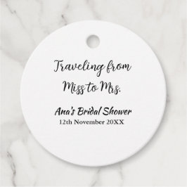 旅行用ブライズシャワーのネームカードの例：ミス（旧姓）シム → ミセス（姓）シム フェイバータグ
