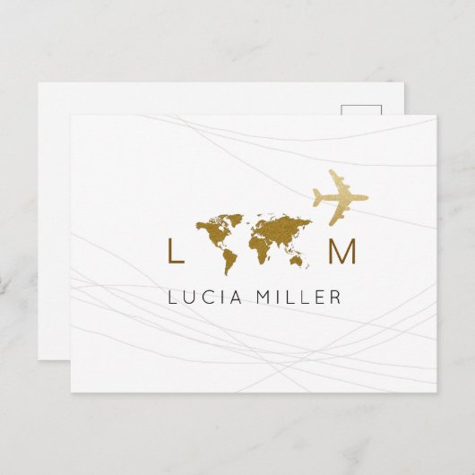 旅行用飛行機ワールドマップホワイト シーズンポストカード (正面/裏面)