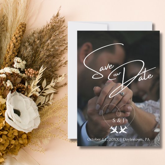 旅行結婚の飛行機のハートモダンを保存 招待状